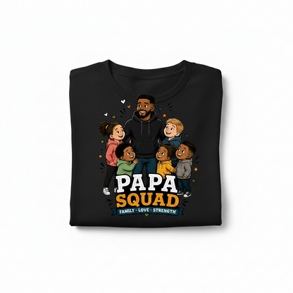 handmade Papa Squad t-shirt featuring colorful family illustration on a black background.