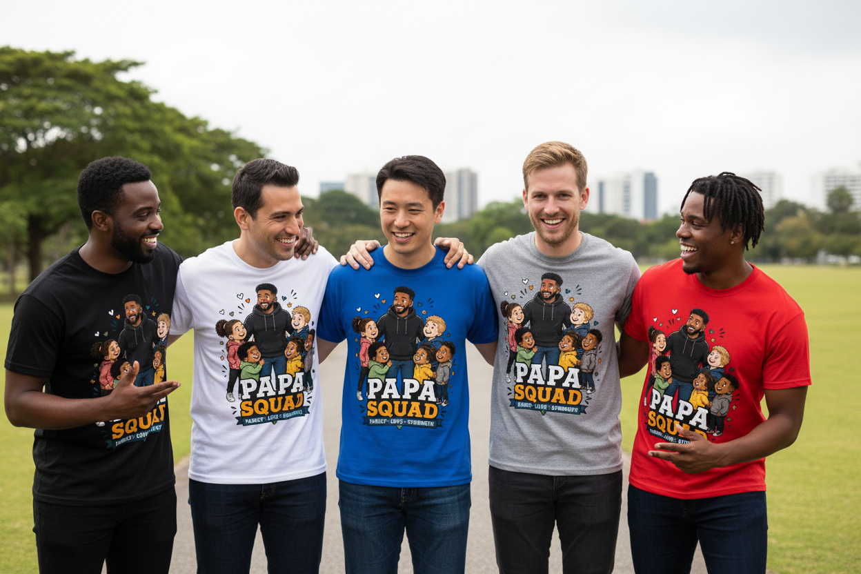 Five men wearing various colors of handmade Papa Squad t-shirt, smiling and enjoying casual outdoor fun.