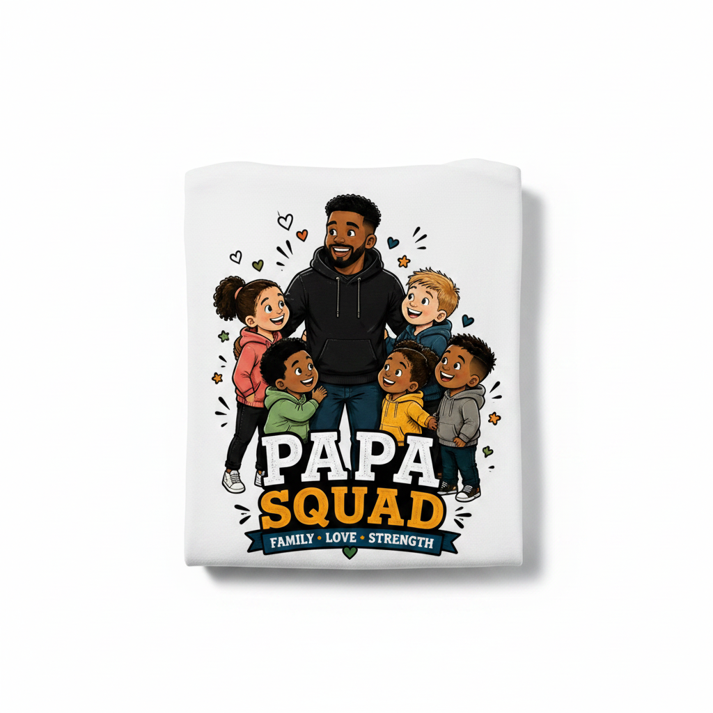 handmade Papa Squad t-shirt featuring a joyful dad with kids, showcasing family love and strength.