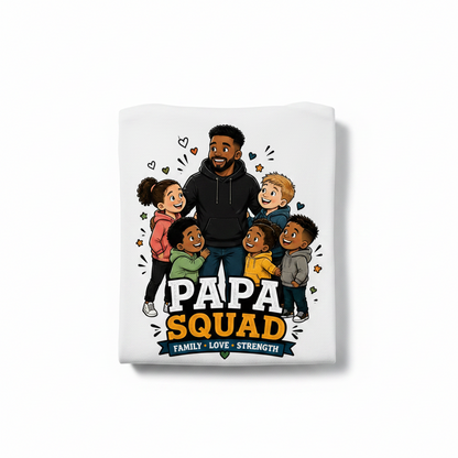 handmade Papa Squad t-shirt featuring a joyful dad with kids, showcasing family love and strength.