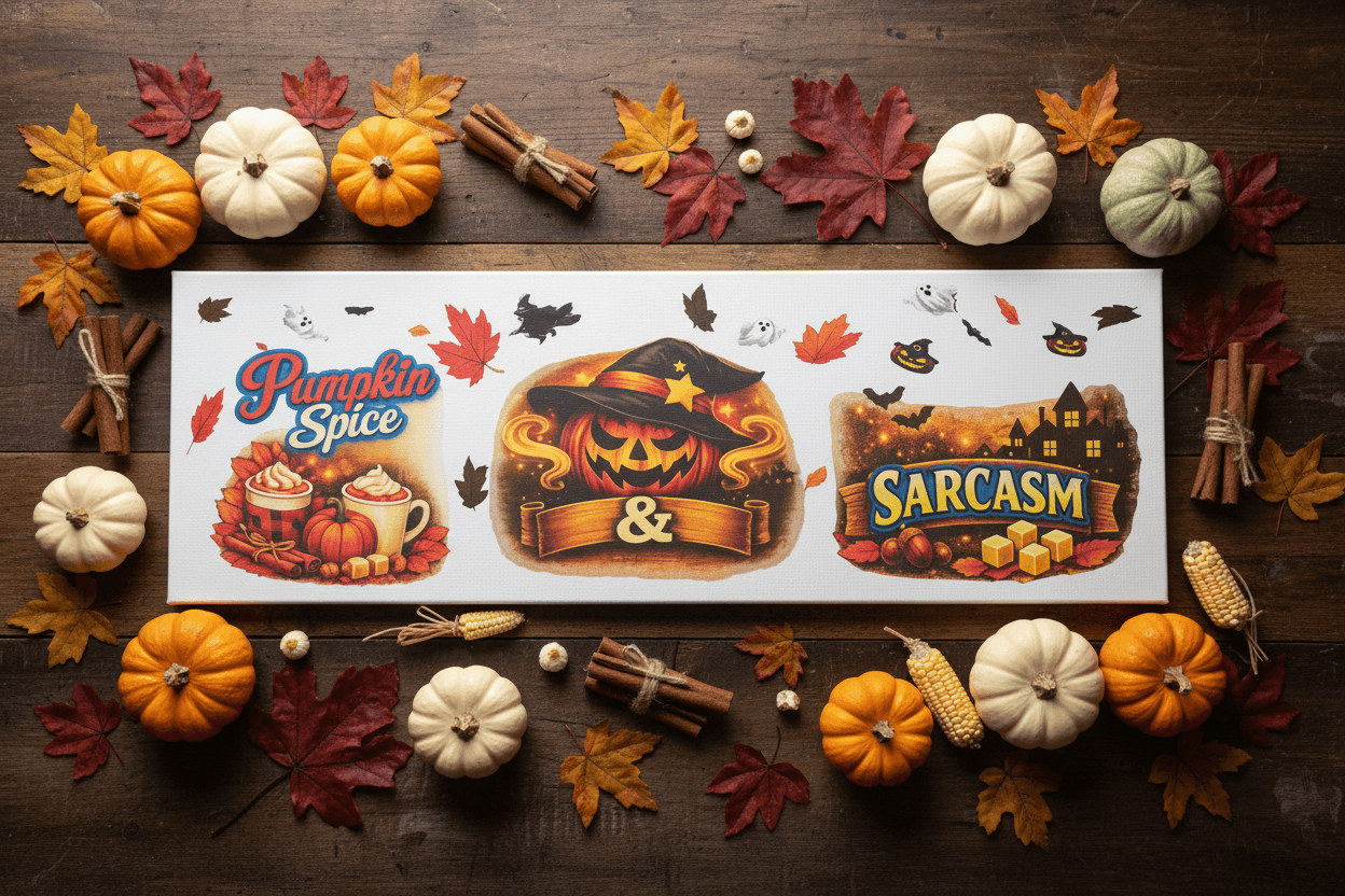 Pumpkin Spice & Sarcasm – Handmade 10x30x1 Halloween Canvas Sign - The Bargains BasementPumpkin Spice & Sarcasm – Handmade 10x30x1 Halloween Canvas Sign