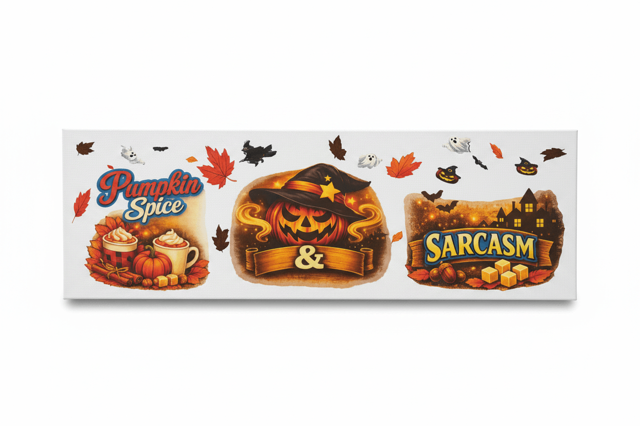 Pumpkin Spice & Sarcasm – Handmade 10x30x1 Halloween Canvas Sign - The Bargains BasementPumpkin Spice & Sarcasm – Handmade 10x30x1 Halloween Canvas Sign