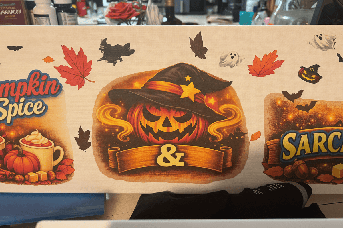 Pumpkin Spice & Sarcasm – Handmade 10x30x1 Halloween Canvas Sign - The Bargains BasementPumpkin Spice & Sarcasm – Handmade 10x30x1 Halloween Canvas Sign