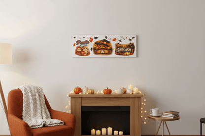 Pumpkin Spice & Sarcasm – Handmade 10x30x1 Halloween Canvas Sign - The Bargains BasementPumpkin Spice & Sarcasm – Handmade 10x30x1 Halloween Canvas Sign