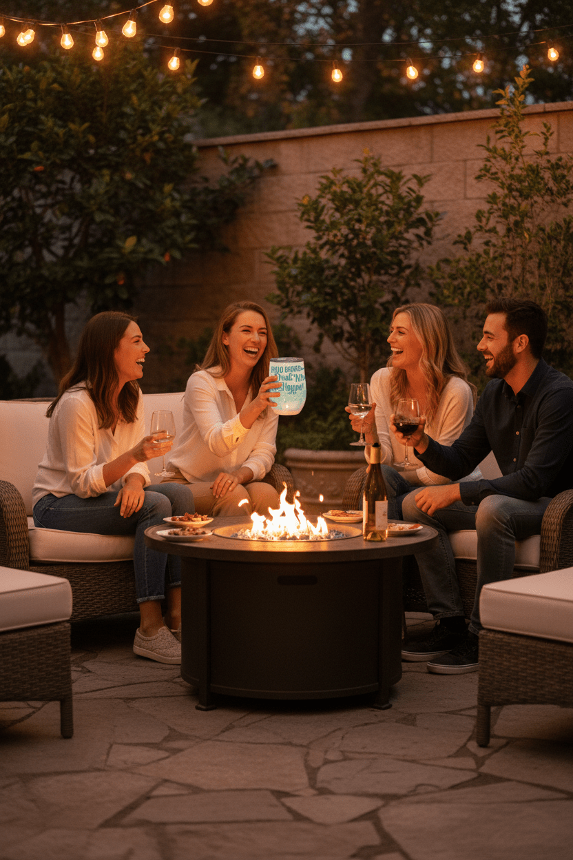 Friends enjoying wine and laughter around a fire pit with a handmade wine tumbler for book lovers.