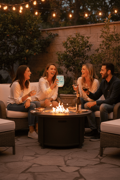 Friends enjoying wine and laughter around a fire pit with a handmade wine tumbler for book lovers.