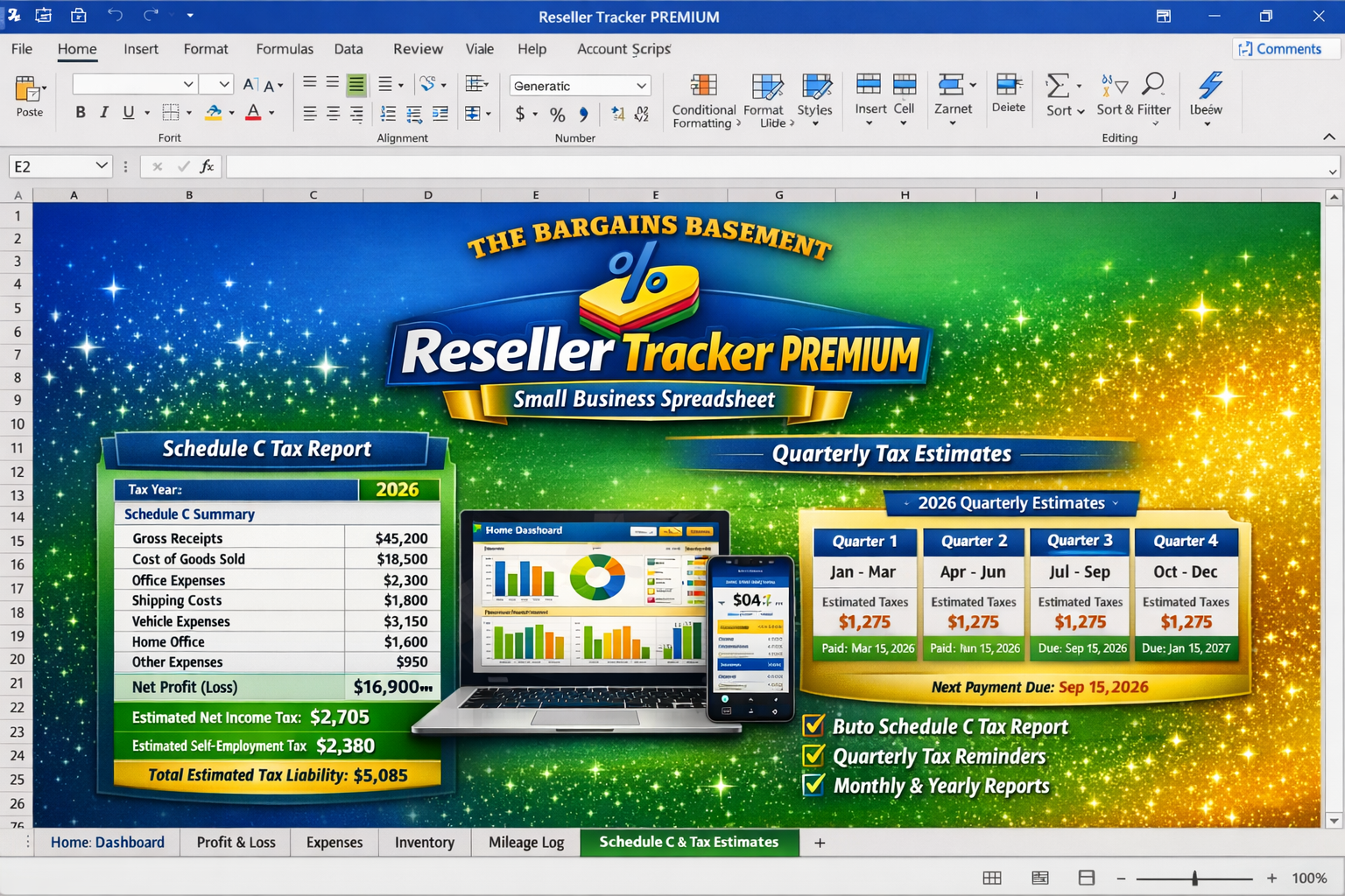 Reseller bookkeeping tracker spreadsheet displaying tax reports and estimates for small businesses.