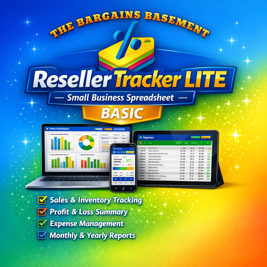 Reseller bookkeeping tracker spreadsheet displayed on devices with financial tracking features.