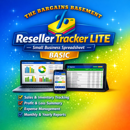 Reseller bookkeeping tracker spreadsheet displayed on devices with financial tracking features.