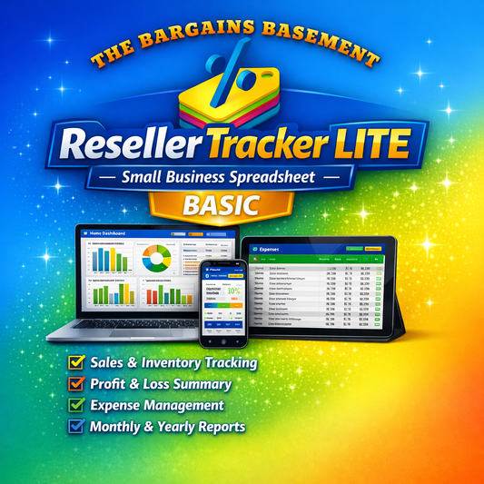 Resellers bookkeeping spreadsheet featuring Sales & Inventory Tracking, Profit & Loss Summary, and Expense Management