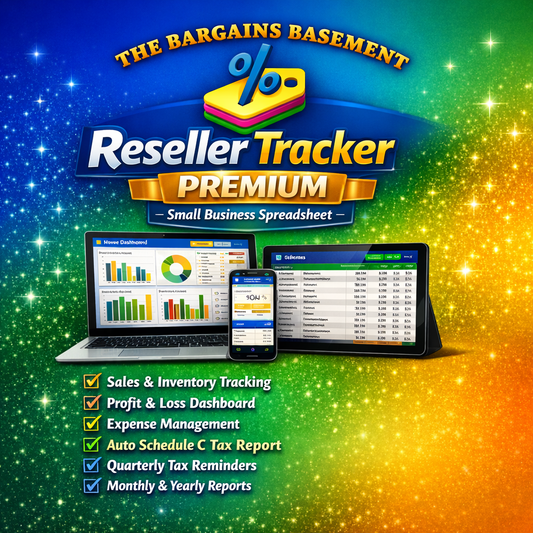 Resellers bookkeeping spreadsheet showcasing sales tracking, profit loss dashboard, and expense management features.