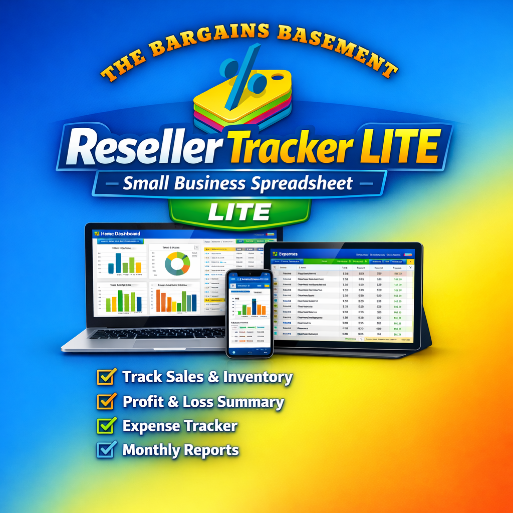 Reseller bookkeeping tracker spreadsheet displayed on devices with graphs and tracking features for resellers.