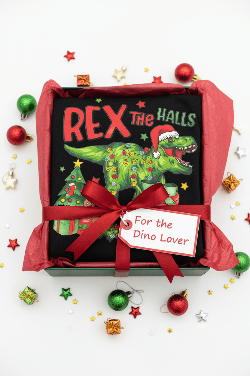 Rex the Halls Youth Christmas T-Shirt | Handmade Kids Holiday Tee-Large - The Bargains BasementRex the Halls Youth Christmas T-Shirt | Handmade Kids Holiday Tee-Large