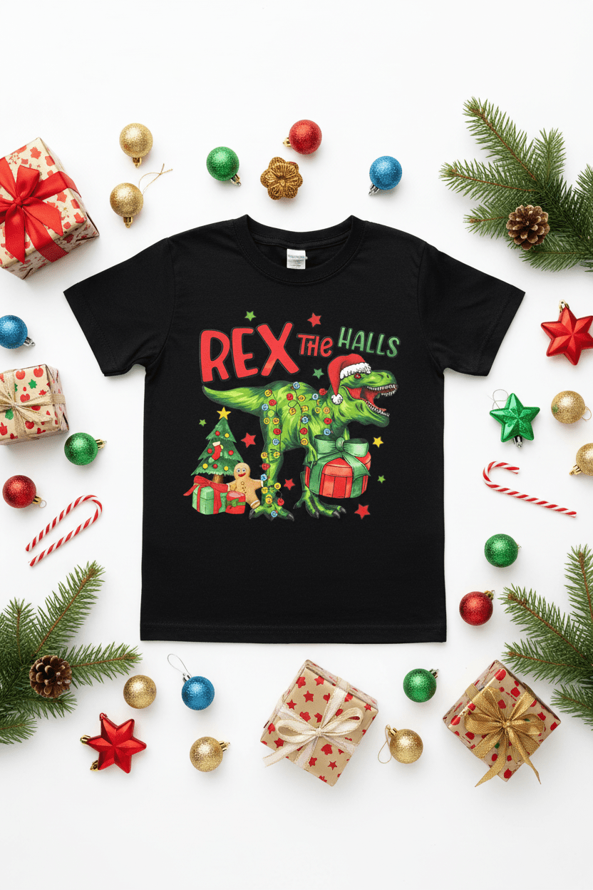Rex the Halls Youth Christmas T-Shirt | Handmade Kids Holiday Tee-Large - The Bargains BasementRex the Halls Youth Christmas T-Shirt | Handmade Kids Holiday Tee-Large