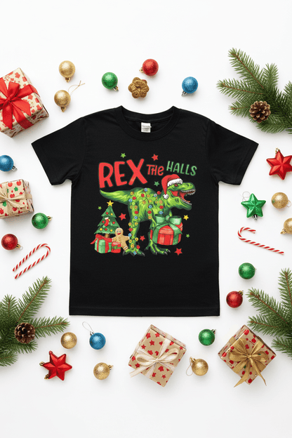 Rex the Halls Youth Christmas T-Shirt | Handmade Kids Holiday Tee-Large - The Bargains BasementRex the Halls Youth Christmas T-Shirt | Handmade Kids Holiday Tee-Large