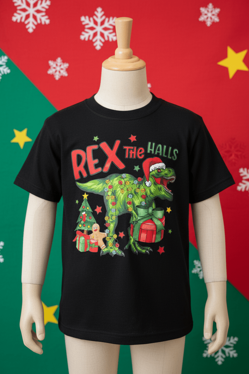 Rex the Halls Youth Christmas T-Shirt | Handmade Kids Holiday Tee-Large - The Bargains BasementRex the Halls Youth Christmas T-Shirt | Handmade Kids Holiday Tee-Large