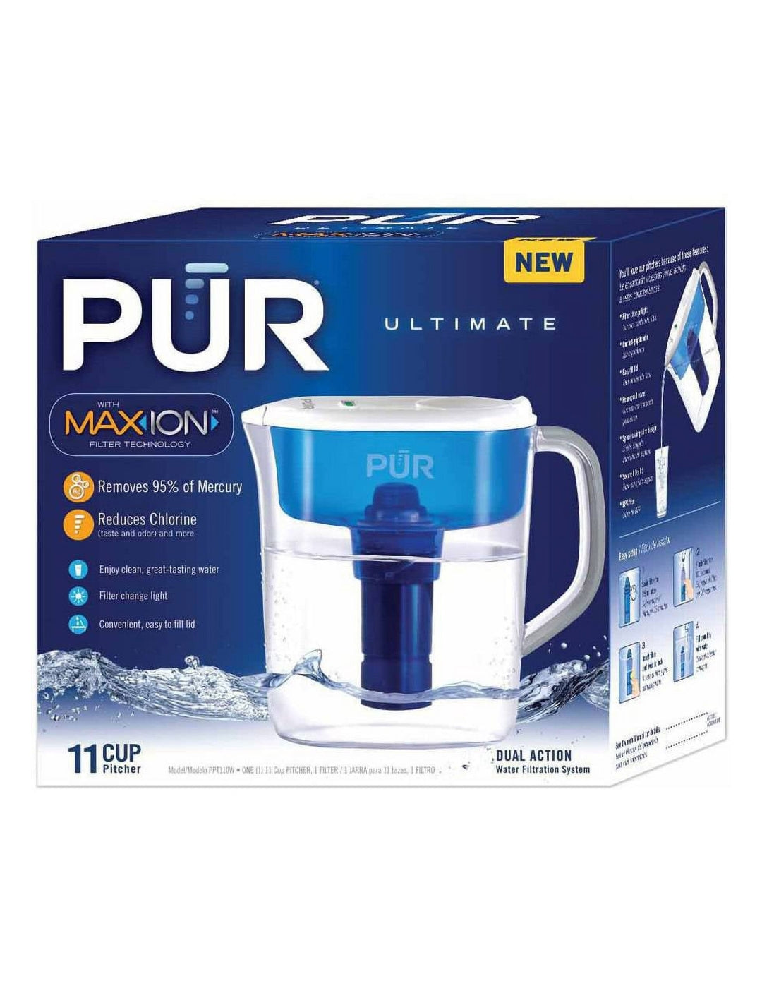 PUR PLUS 7 Cup Water Pitcher with Lead Reducing Filter, W 9.6" x H 10.1" x L 4.5", Smoke, PPT711BA