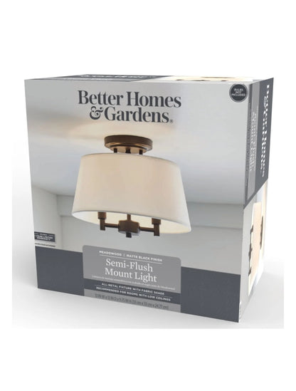 Better Homes & Gardens 2 Lights Flush Mount Light ,Fabric Shade,Matte Black Finish, Bulb Included