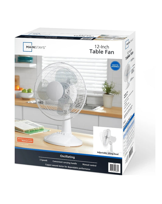 Mainstays 12" 3-Speed Oscillating Table Fan, FT30-8MBW, New, White