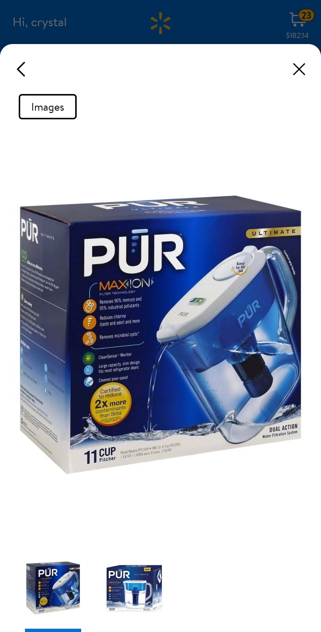 PUR PLUS 7 Cup Water Pitcher with Lead Reducing Filter, W 9.6" x H 10.1" x L 4.5", Smoke, PPT711BA