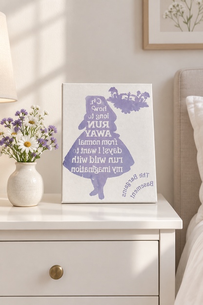 Run Wild with My Imagination canvas sign on a white dresser with a vase of flowers