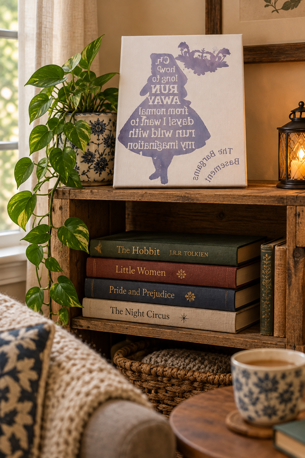 Run Wild with My Imagination canvas sign on a wooden crate shelf with books and a trailing plant