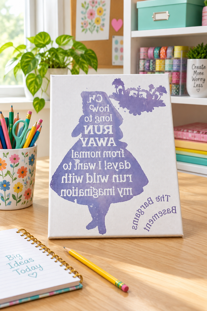 Run Wild with My Imagination canvas sign propped on a light wooden desk in a bright home office