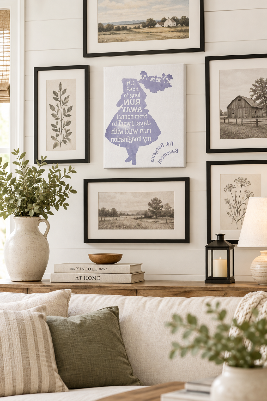 Run Wild with My Imagination canvas sign styled on a gallery wall in a bright living room
