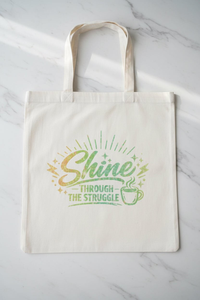 Handmade canvas tote bag featuring 'Shine Through the Struggle' quote with bright colors and coffee cup design.