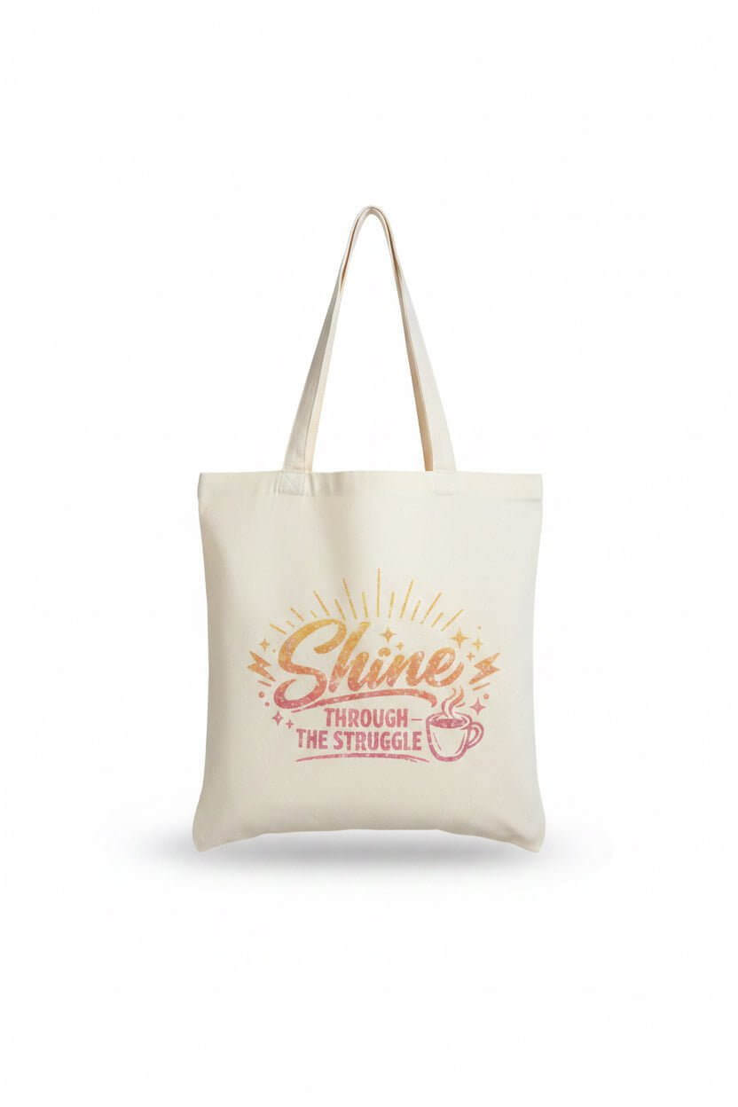 Handmade canvas tote bag featuring the quote Shine Through the Struggle with a sunburst and coffee cup design.