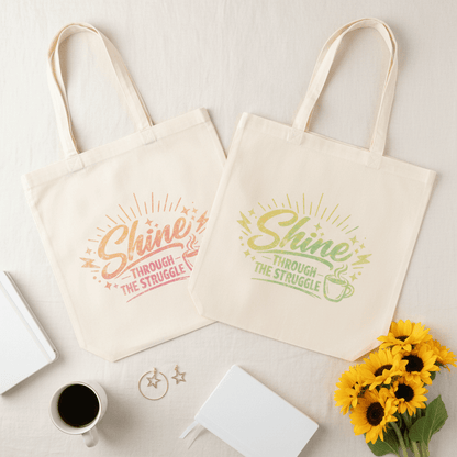 Handmade canvas tote bag with uplifting quote 'Shine Through the Struggle' in pink and green colors.