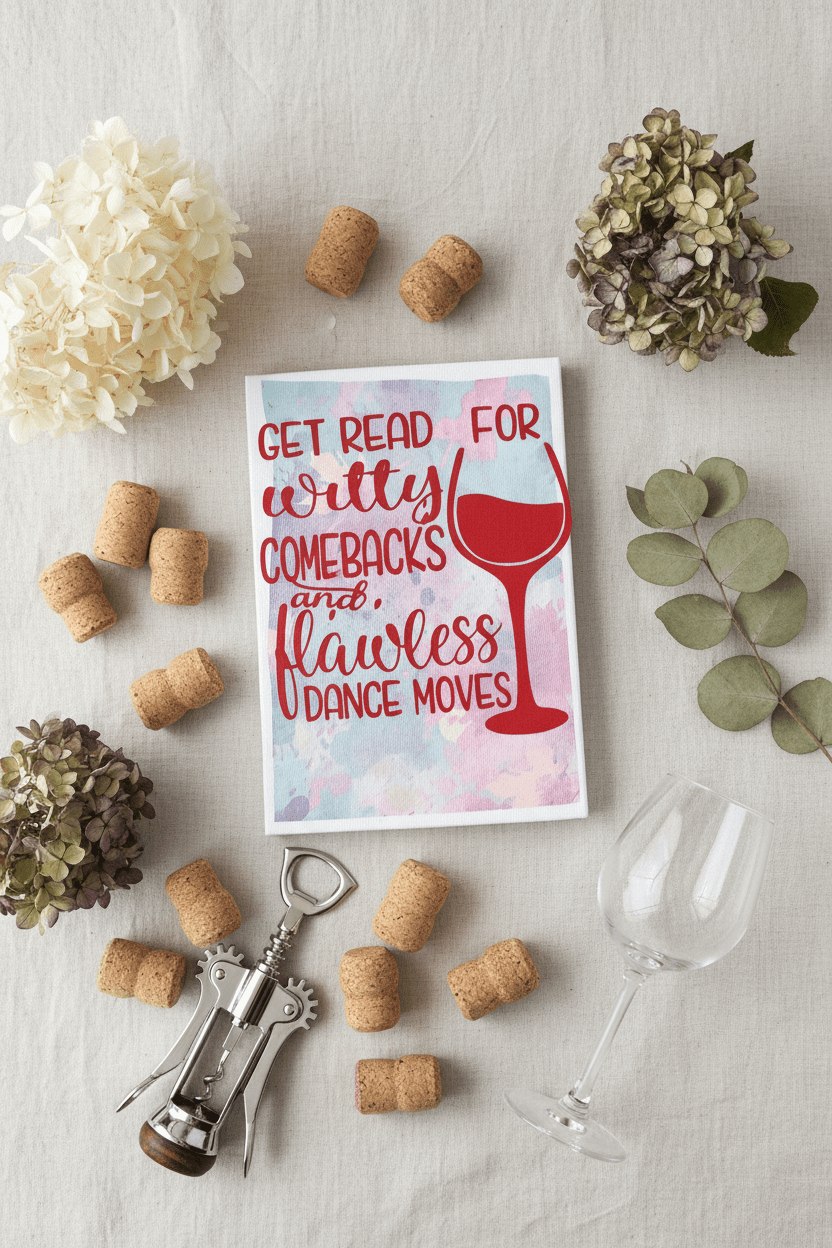 handmade witty comebacks canvas sign surrounded by corks, a corkscrew, and a glass on a table.