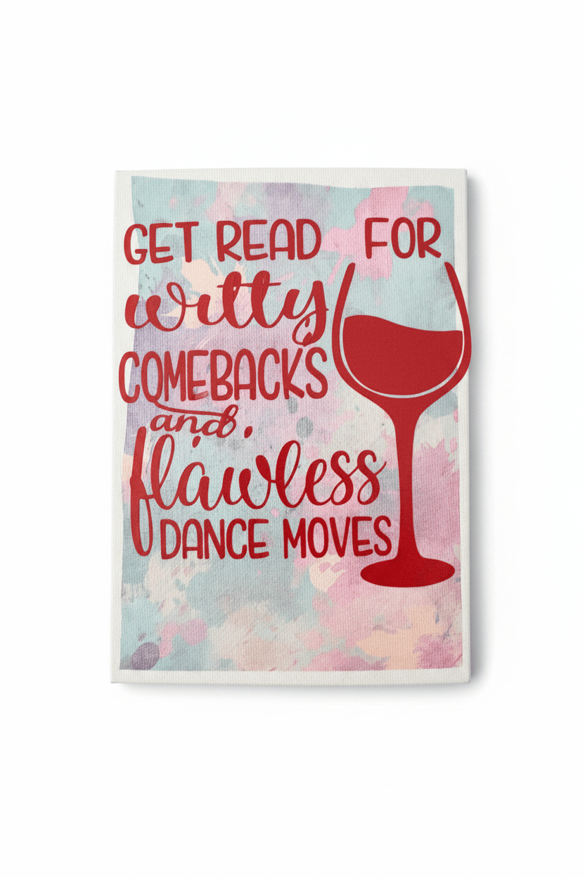 5x7 handmade witty comebacks canvas sign with quote and wine glass graphic.