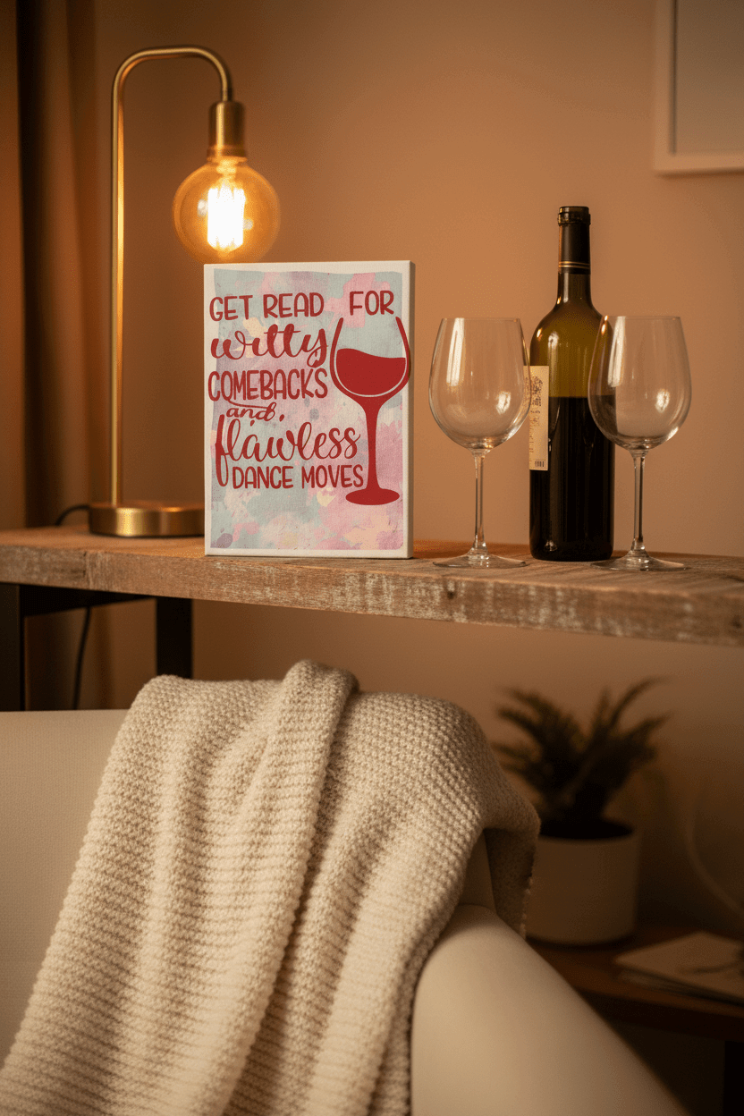 Sip Happens handmade witty comebacks canvas sign displayed on a shelf next to wine glasses and a bottle.