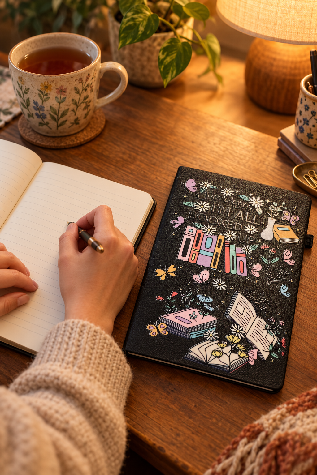 Someone writing in the journal at a cozy desk