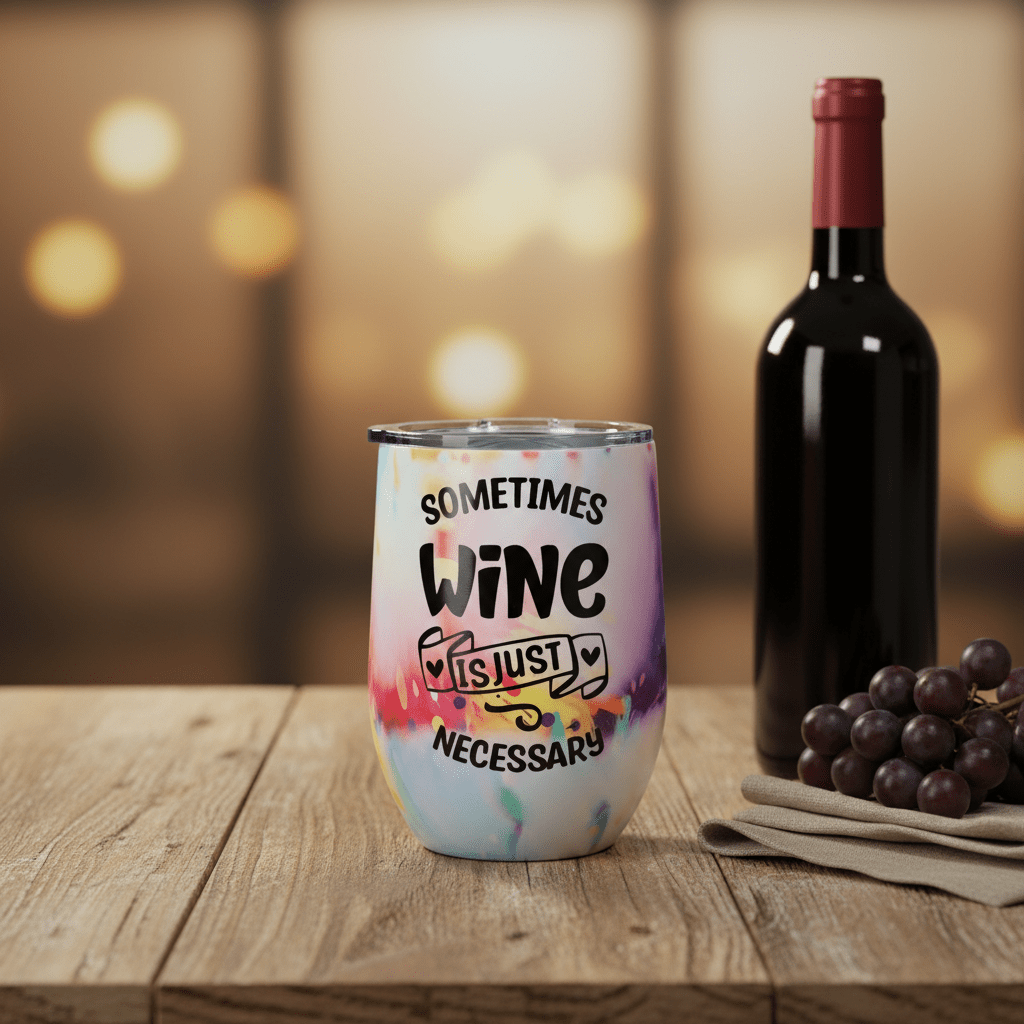 Colorful handmade wine tumbler 12 oz with 'Sometimes Wine Is Just Necessary' design beside a wine bottle.