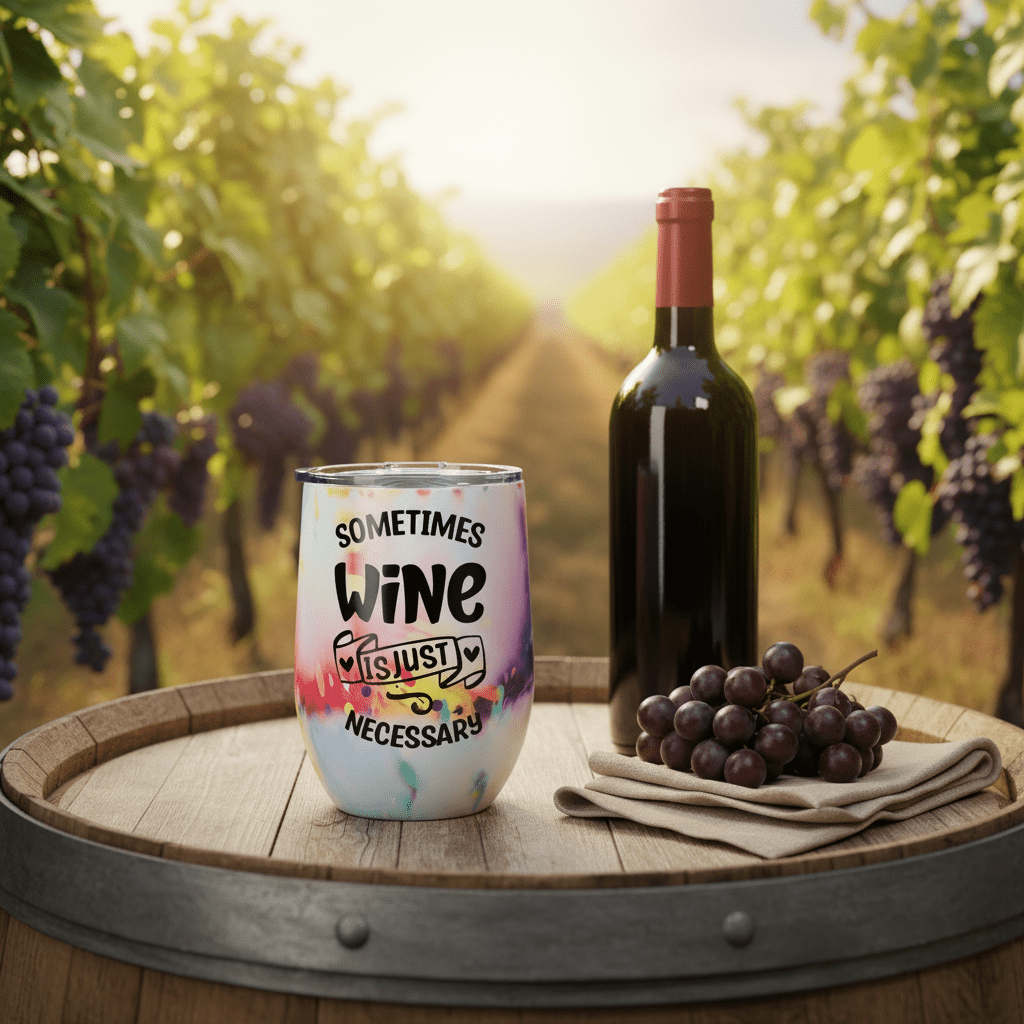 A handmade wine tumbler 12 oz with colorful design saying 'Sometimes Wine Is Just Necessary' next to a wine bottle.