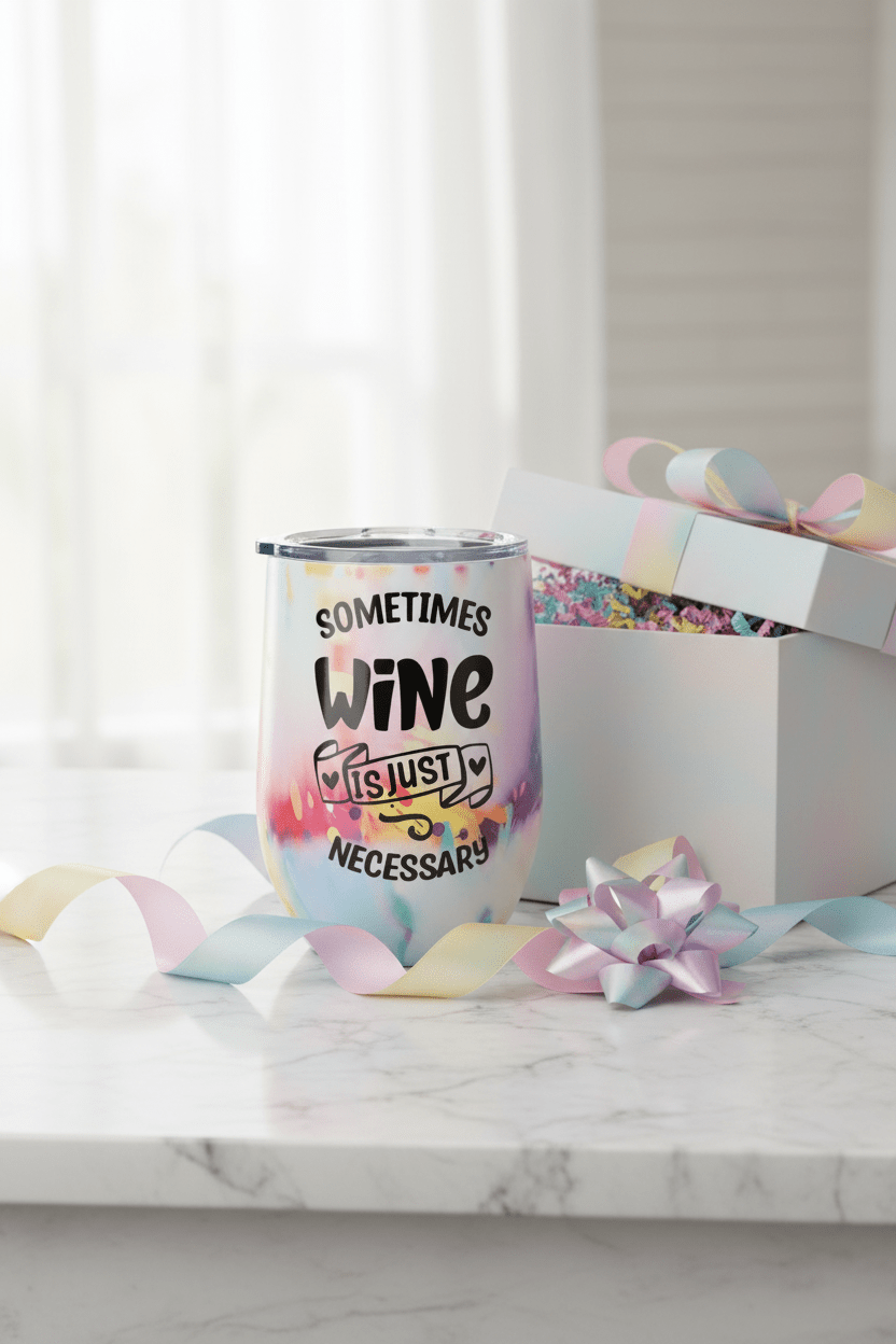 Handmade wine tumbler 12 oz with colorful design saying 'Sometimes Wine Is Just Necessary' on a marble table.