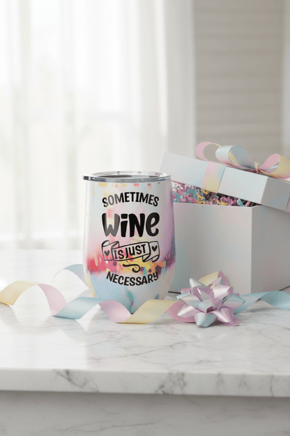 Handmade wine tumbler 12 oz with colorful design saying 'Sometimes Wine Is Just Necessary' on a marble table.