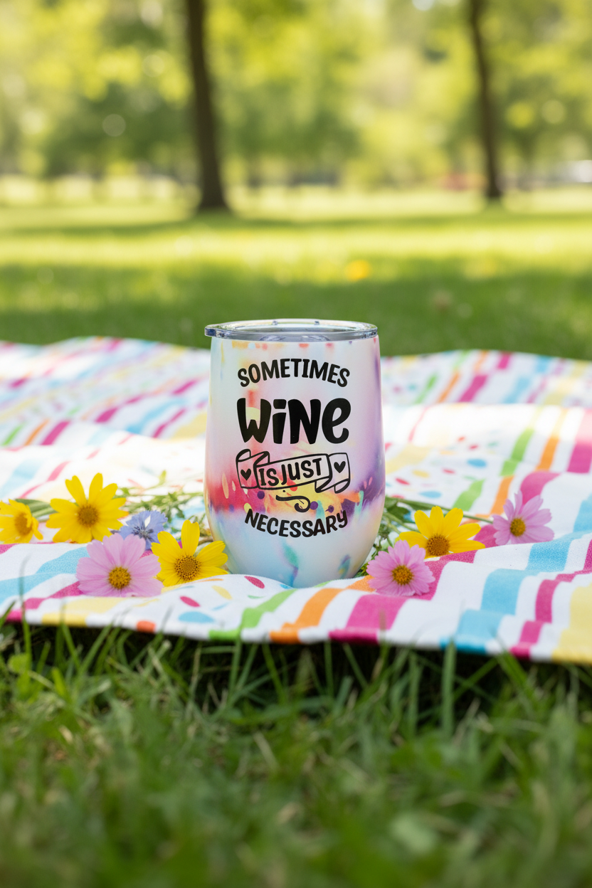 Handmade wine tumbler 12 oz featuring 'Sometimes Wine Is Just Necessary' on a colorful picnic blanket with flowers.