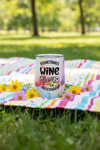 Handmade wine tumbler 12 oz featuring 'Sometimes Wine Is Just Necessary' on a colorful picnic blanket with flowers.