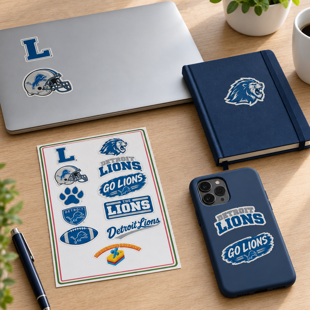 Sticker placement examples on a laptop, notebook, and phone case