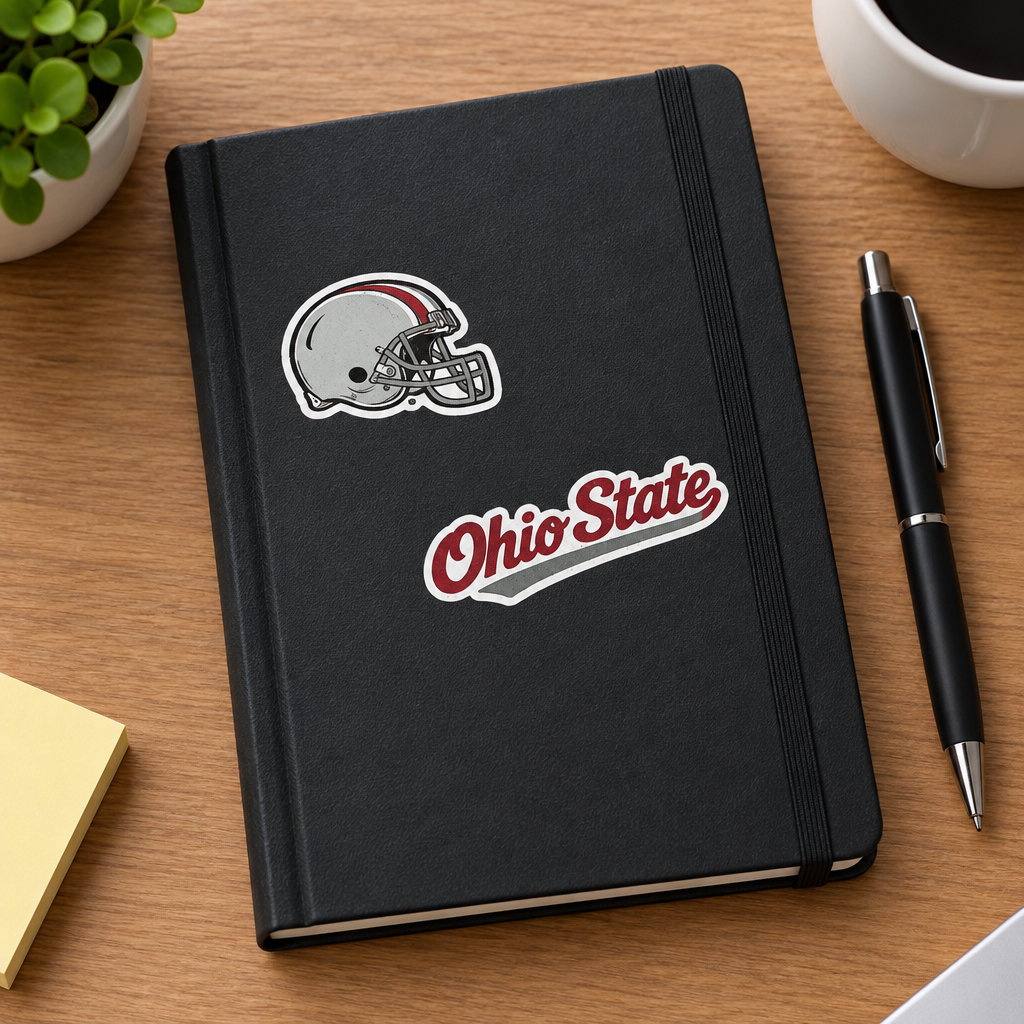 Stickers applied to a notebook cover