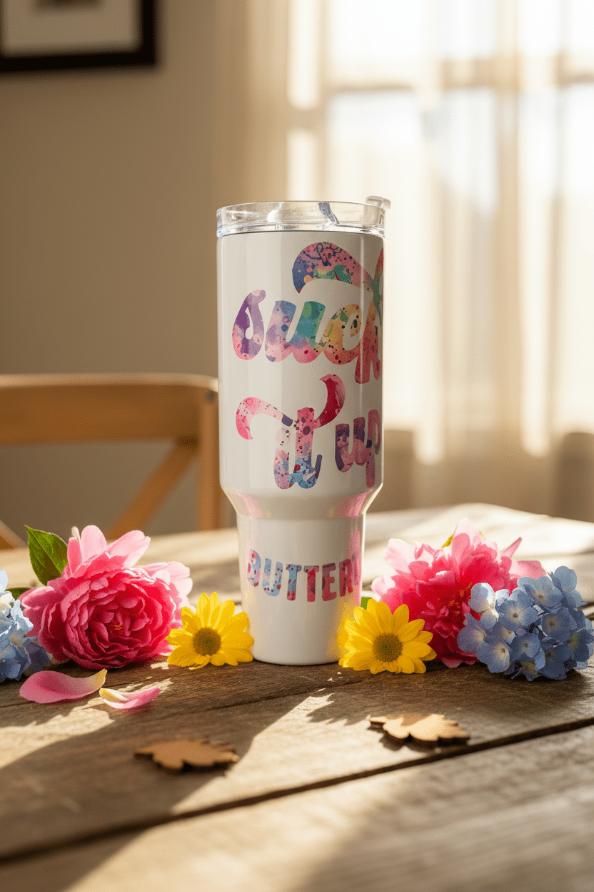Suck It Up Buttercup tumbler surrounded by vibrant flowers on a wooden table, showcasing its unique design.