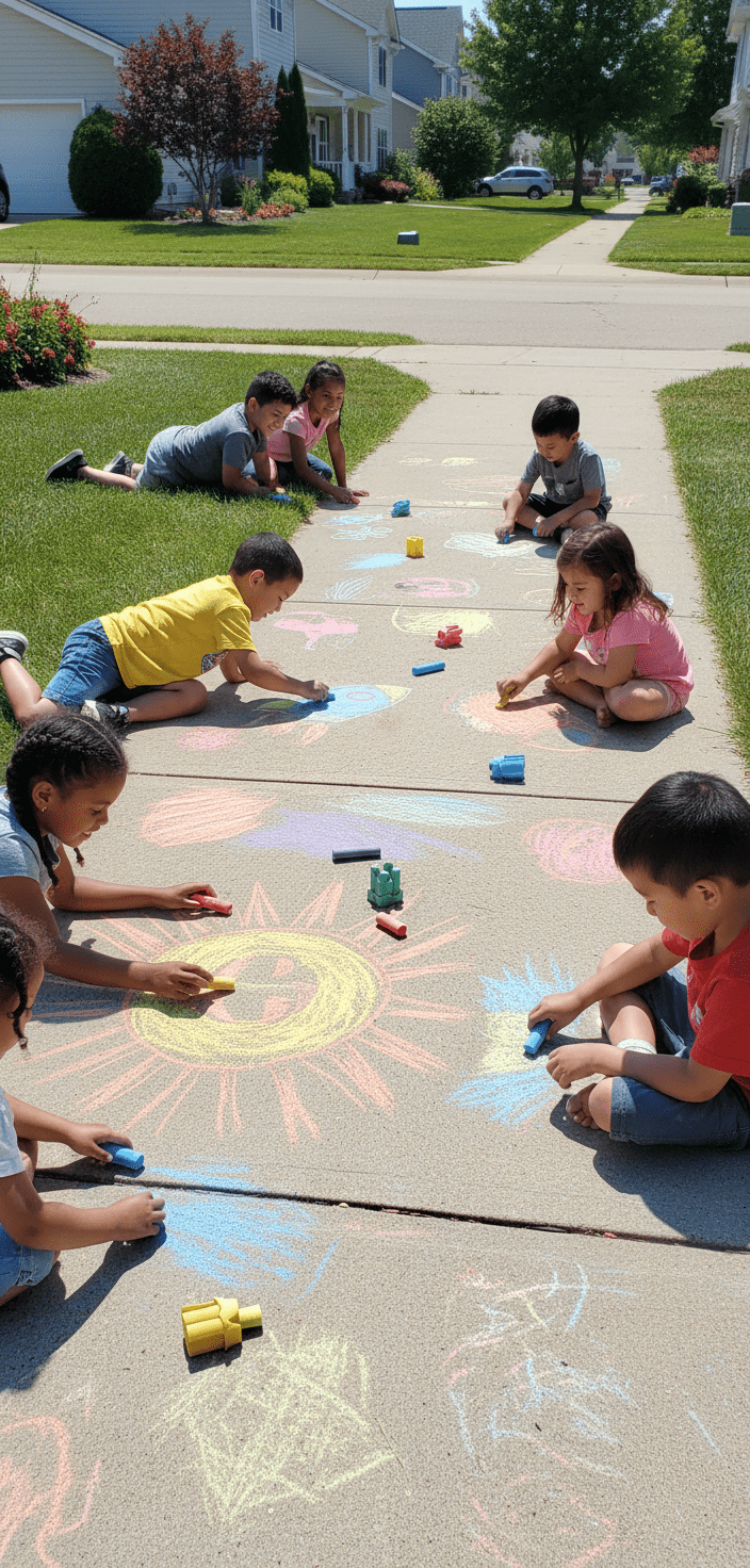 Children using a polka dot sidewalk chalk set to create colorful drawings on a sunny sidewalk.