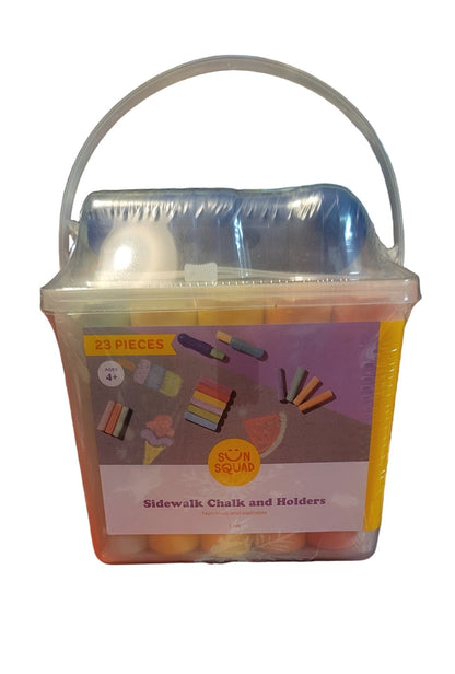 Sun Squad polka dot sidewalk chalk set in a clear container with 20 chalks and 2 holders for colorful sidewalk art.