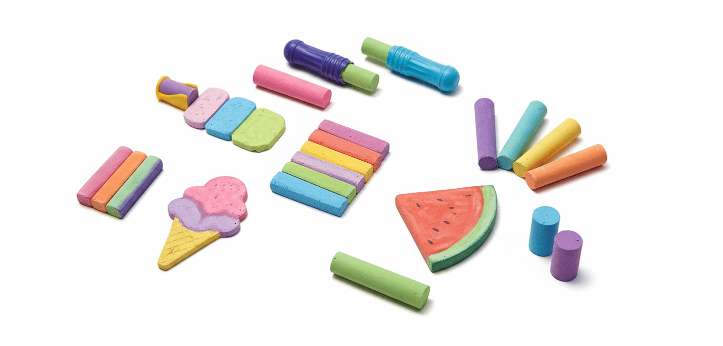 Colorful Sun Squad polka dot sidewalk chalk set including various shapes like ice cream and watermelon slices.