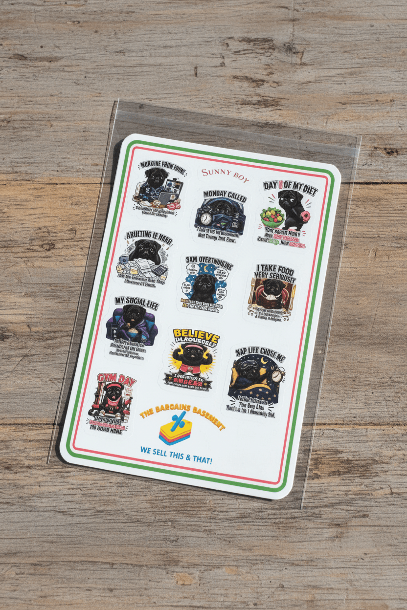 Sunny Boy Sticker Sheet – Black Pug Humor Series - The Bargains BasementSunny Boy Sticker Sheet – Black Pug Humor Series