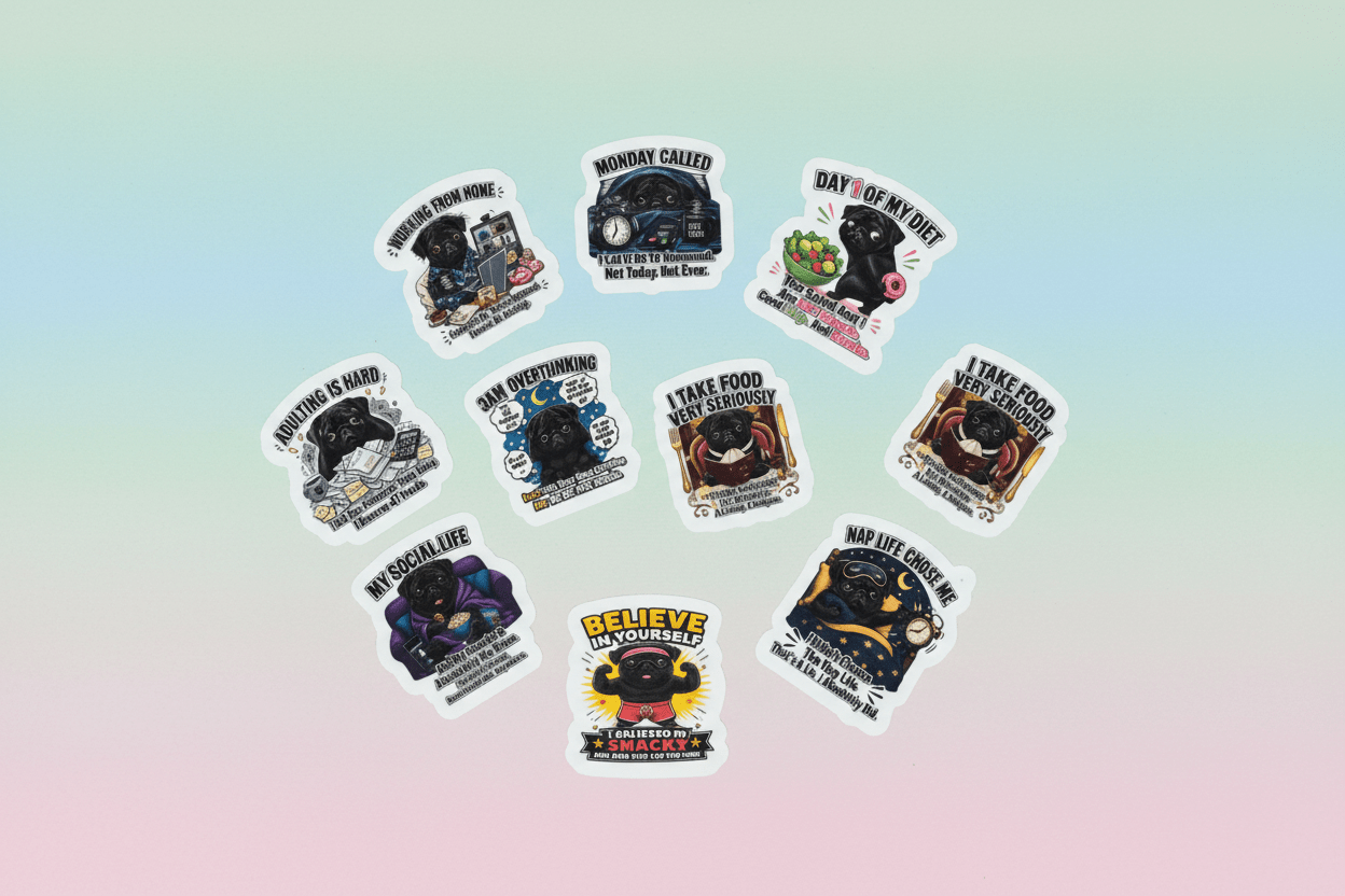 Sunny Boy Sticker Sheet – Black Pug Humor Series - The Bargains BasementSunny Boy Sticker Sheet – Black Pug Humor Series