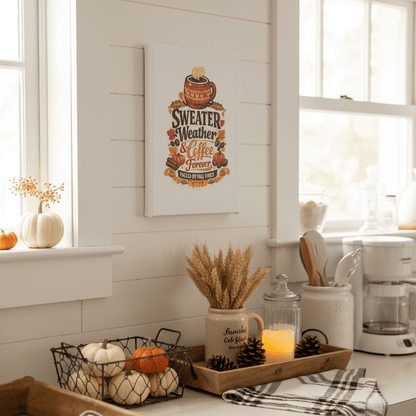 Handmade fall canvas sign featuring 'Sweater Weather & Coffee Forever' in cozy kitchen decor with pumpkins.